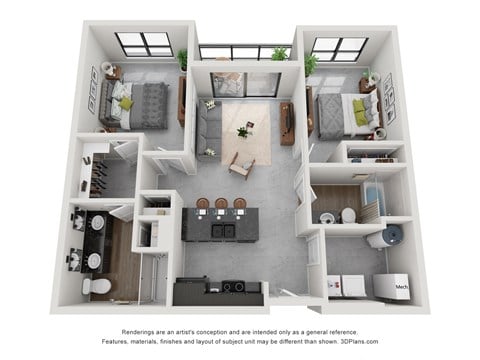 Floor plan for 2 beds, 2 baths, 959 sqft